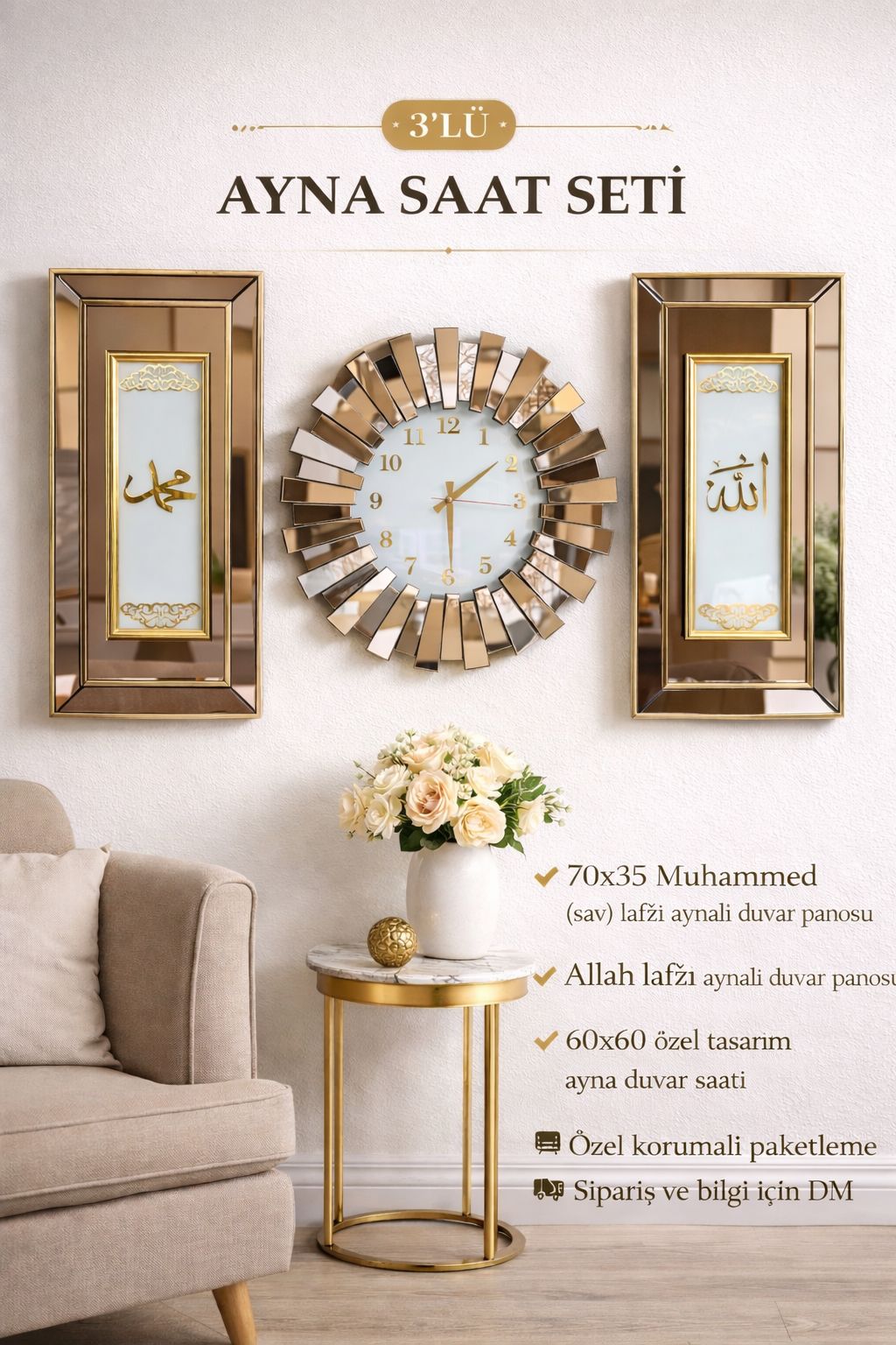 DEKORATİF 3'LÜ ALLAH MUHAMMED SAAT SETİ